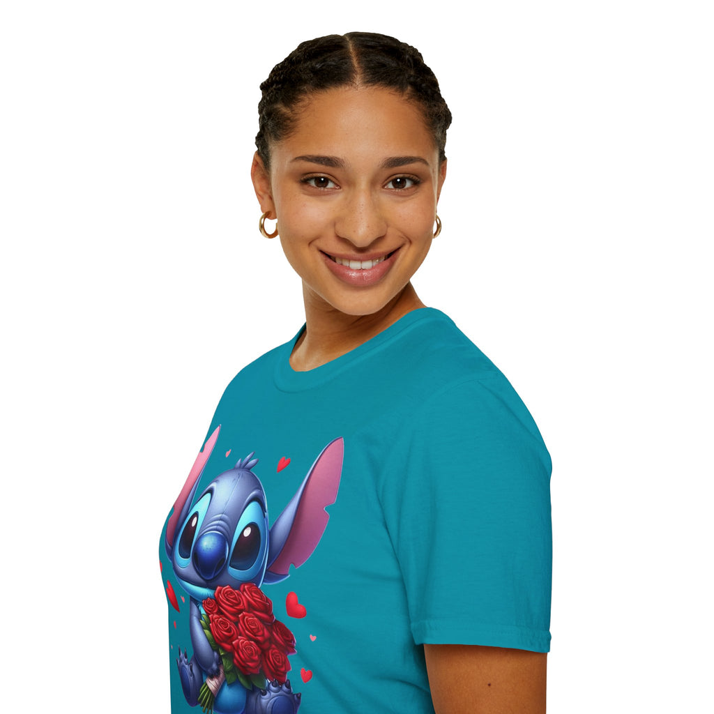Stitch Holding Roses T-Shirt — Cute Valentine’s Day Cartoon Tee