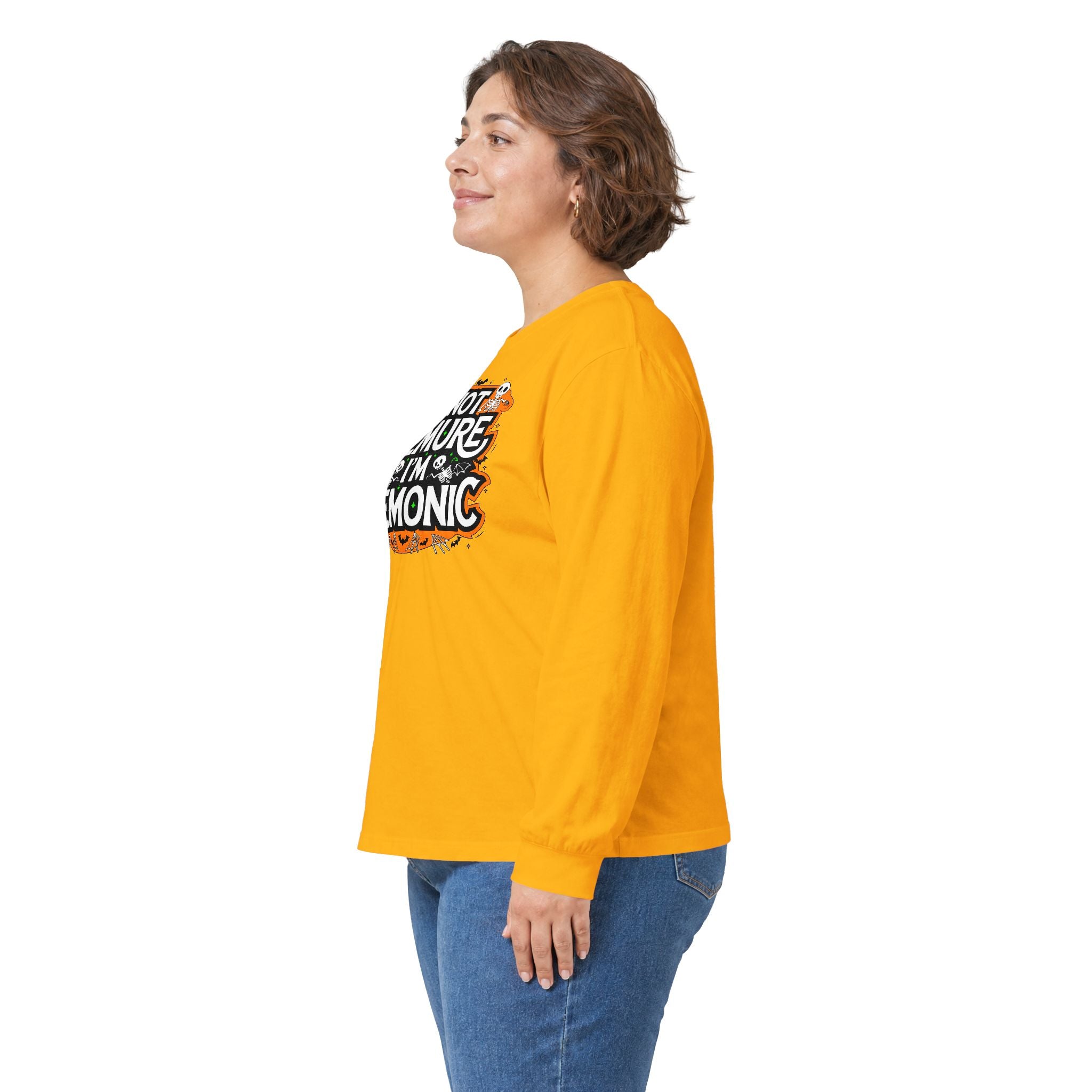 Long Sleeve Tee — "I'm Not Demure I'm Demonic" Halloween Graphic