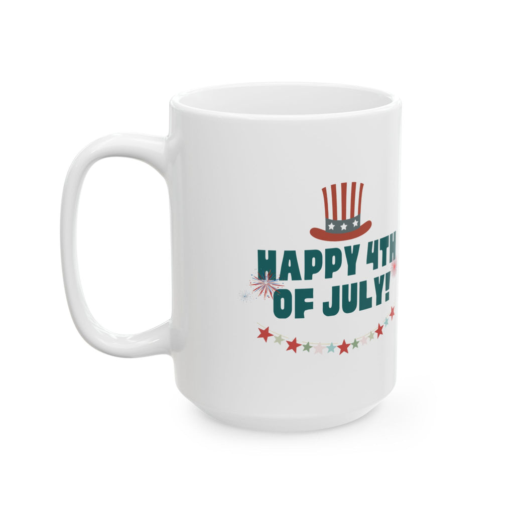 4th of July Ceramic Mug – "Happy 4th of July!" Patriotic Stars & Fireworks Coffee Cup (11oz/15oz)