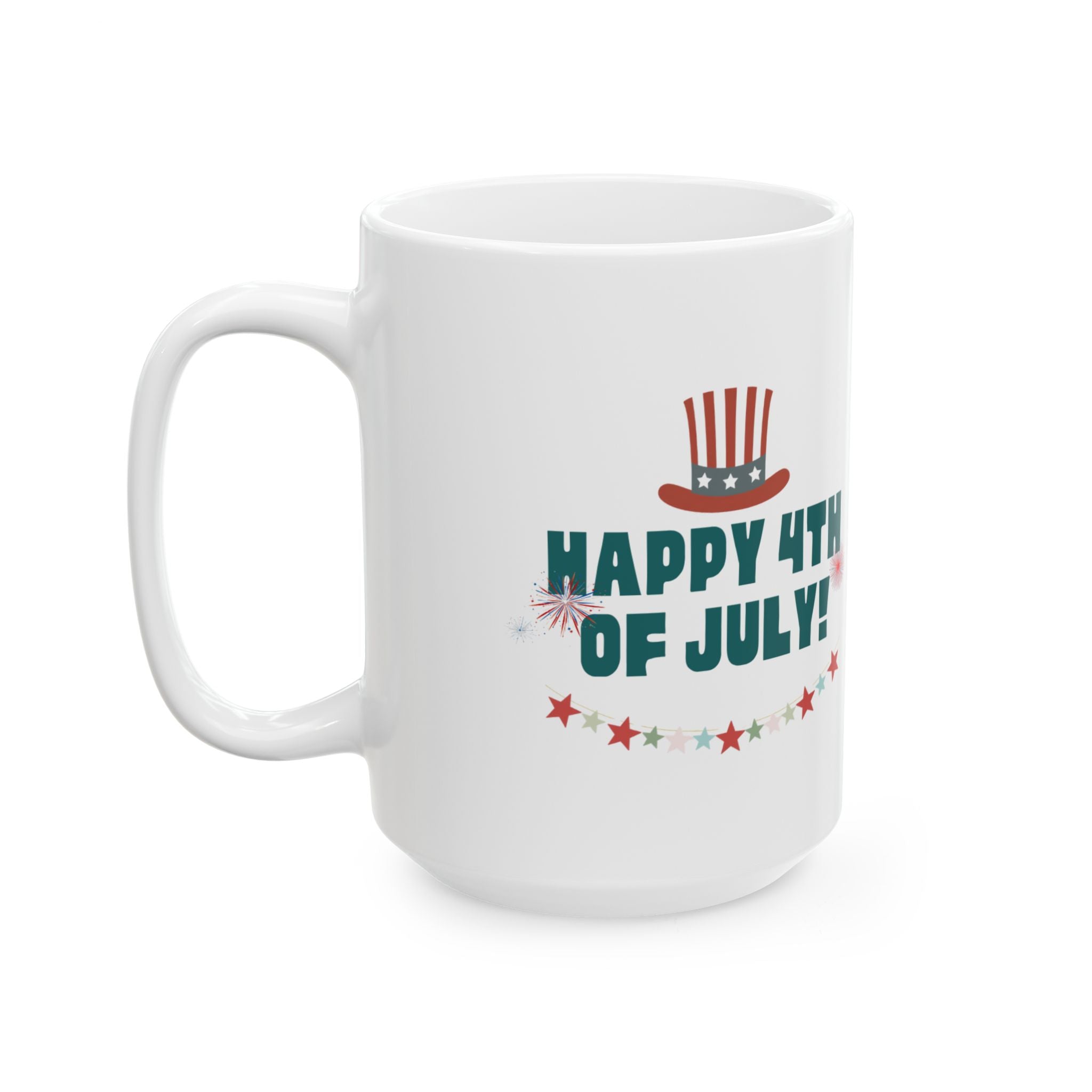 4th of July Ceramic Mug – "Happy 4th of July!" Patriotic Stars & Fireworks Coffee Cup (11oz/15oz)