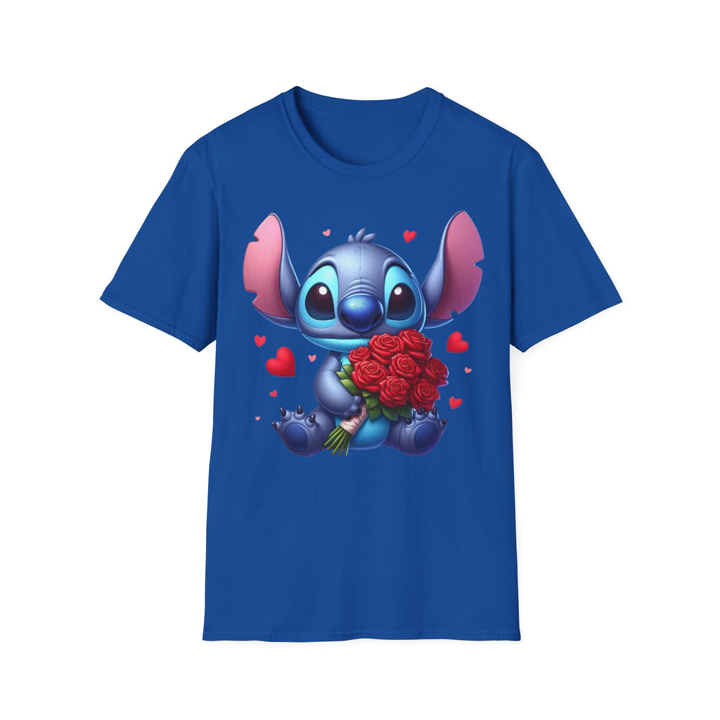 Stitch Holding Roses T-Shirt — Cute Valentine’s Day Cartoon Tee