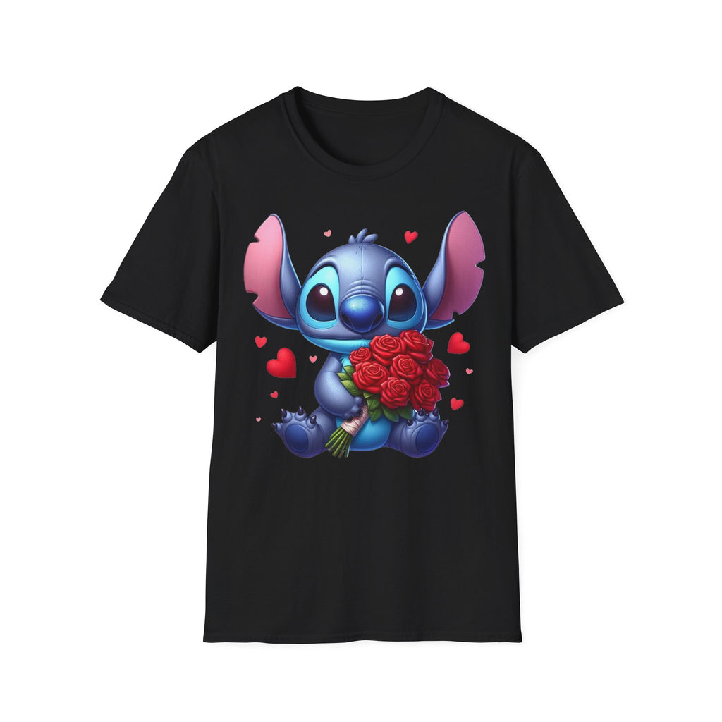 Stitch Holding Roses T-Shirt — Cute Valentine’s Day Cartoon Tee