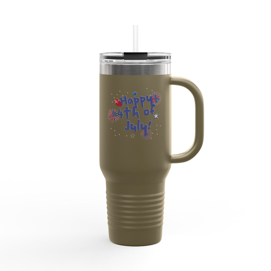 40oz Insulated Travel Mug — "Happy 4th of July" Patriotic Fireworks Design
