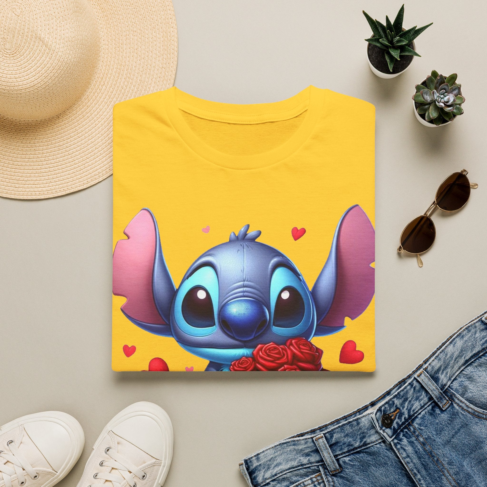 Stitch Holding Roses T-Shirt — Cute Valentine’s Day Cartoon Tee