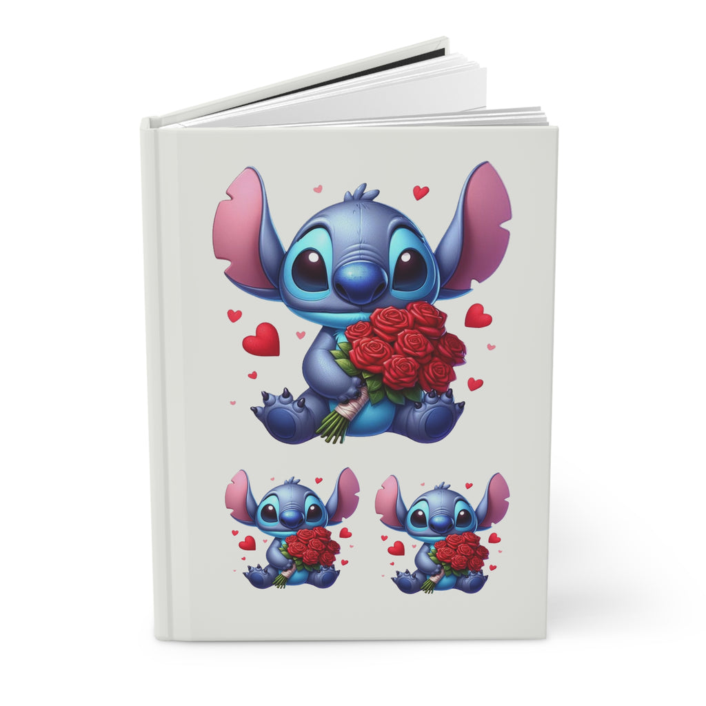 Stitch Valentine's Hardcover Journal — Cute Blue Alien with Roses Notebook