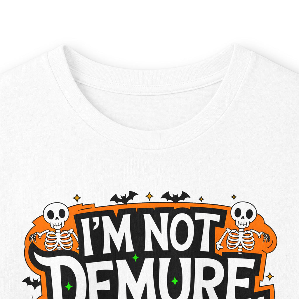 Long Sleeve Tee — "I'm Not Demure I'm Demonic" Halloween Graphic