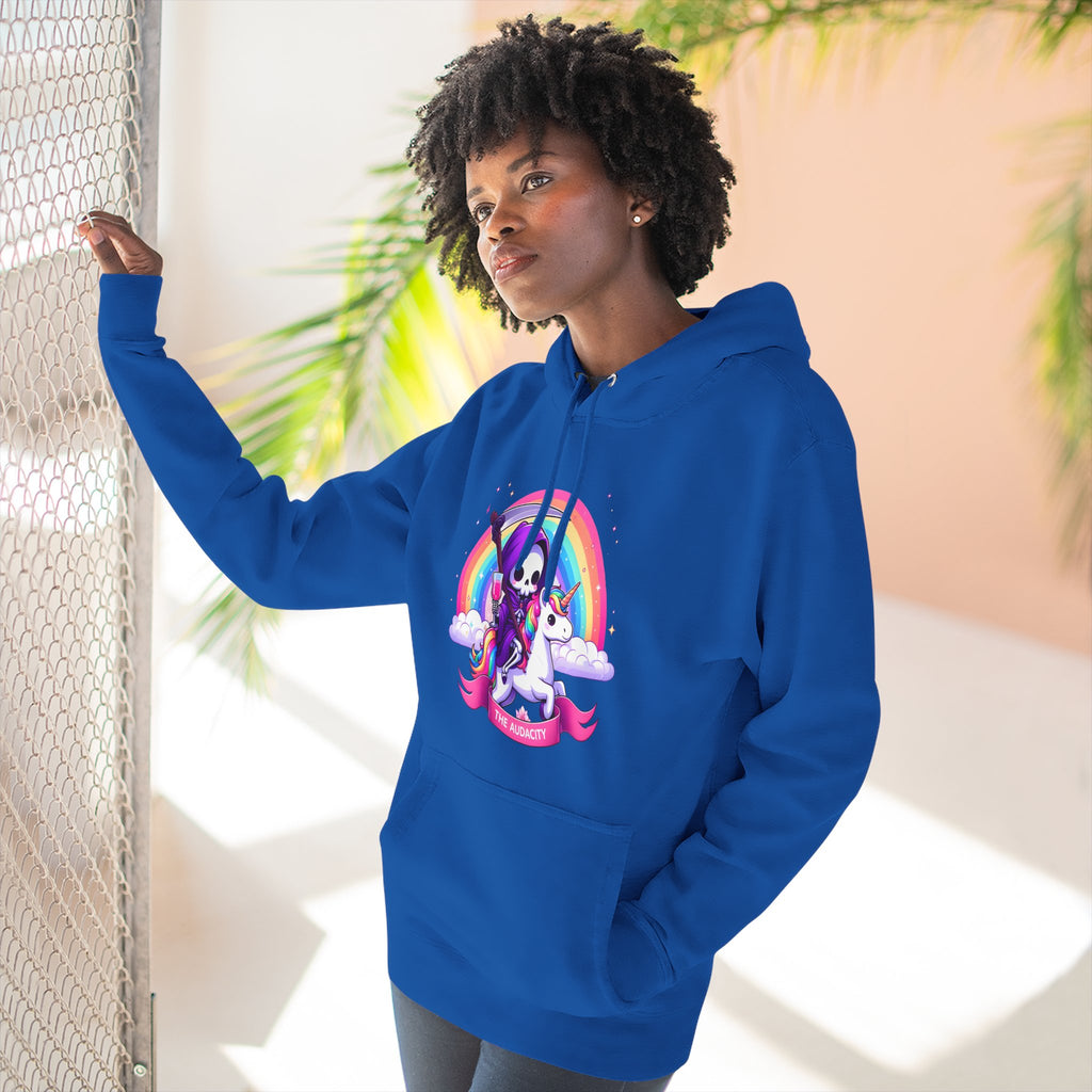 Hoodie - Cute Grim Reaper Riding Unicorn Rainbow "The Audacity" Fleece Hoodie