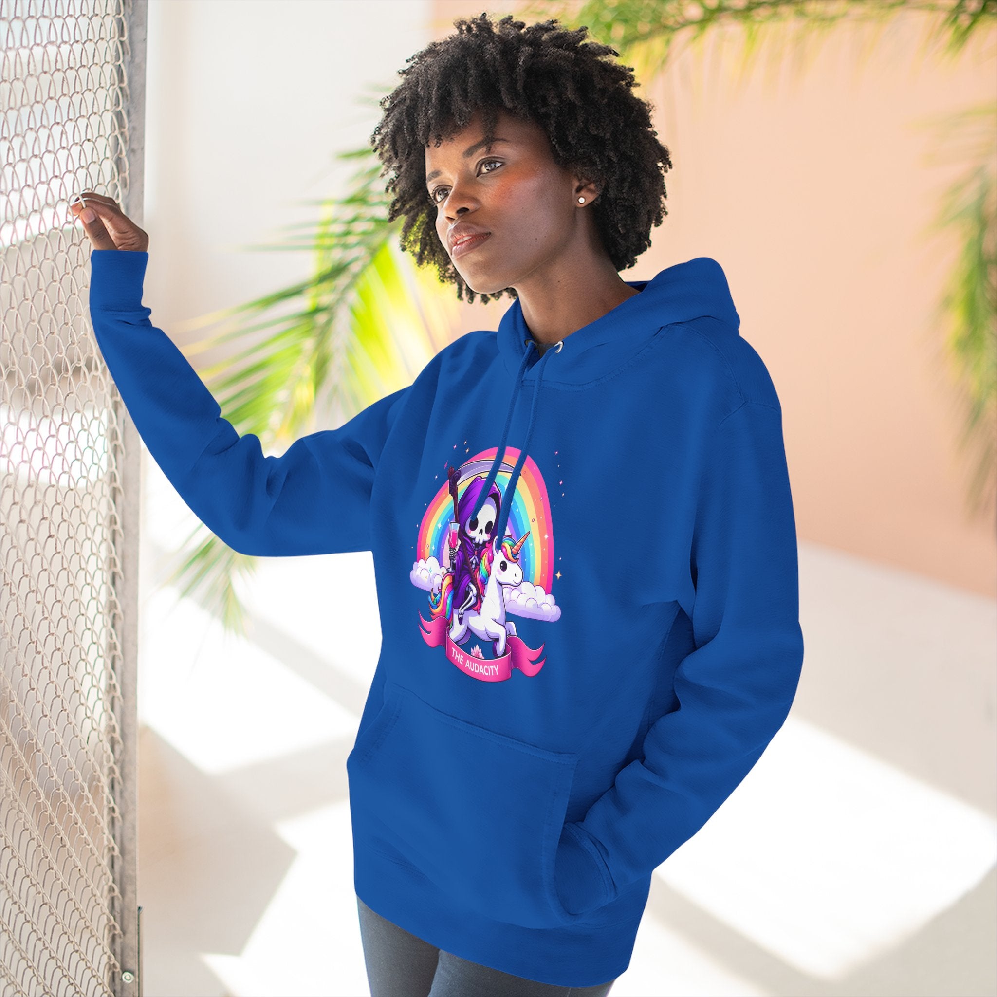 Hoodie - Cute Grim Reaper Riding Unicorn Rainbow "The Audacity" Fleece Hoodie