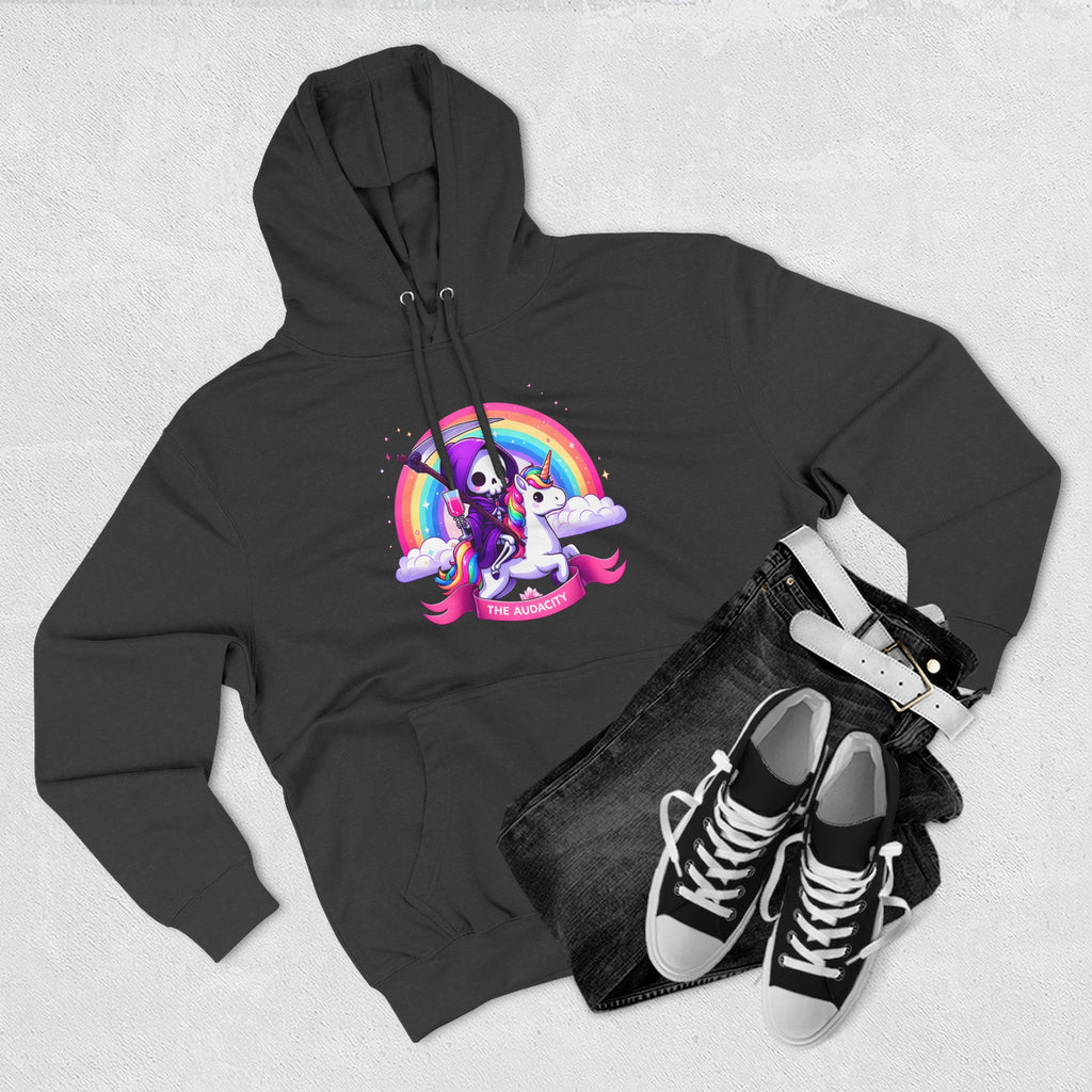 Hoodie - Cute Grim Reaper Riding Unicorn Rainbow "The Audacity" Fleece Hoodie