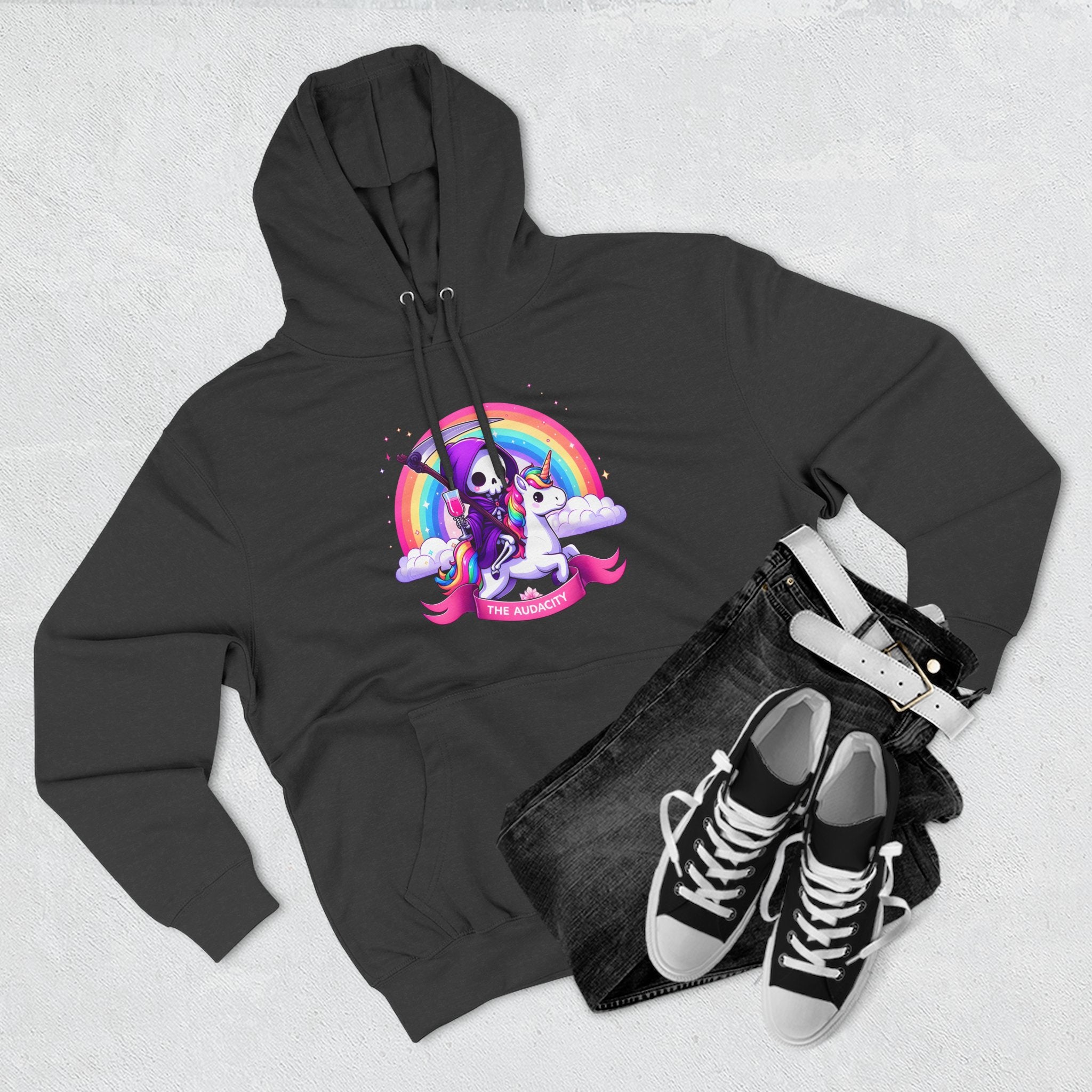 Hoodie - Cute Grim Reaper Riding Unicorn Rainbow "The Audacity" Fleece Hoodie
