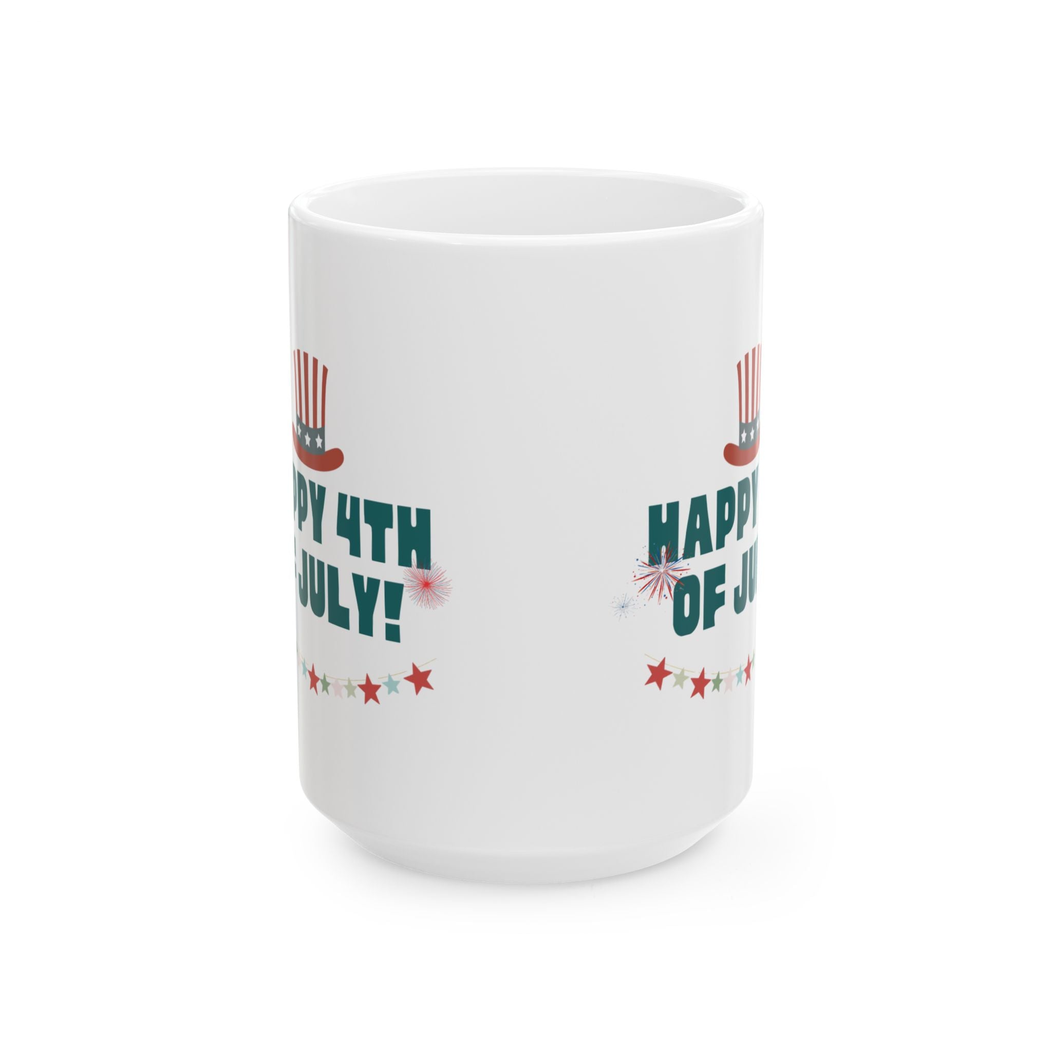 4th of July Ceramic Mug – "Happy 4th of July!" Patriotic Stars & Fireworks Coffee Cup (11oz/15oz)