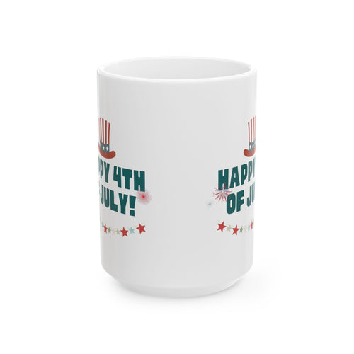 4th of July Ceramic Mug – "Happy 4th of July!" Patriotic Stars & Fireworks Coffee Cup (11oz/15oz)