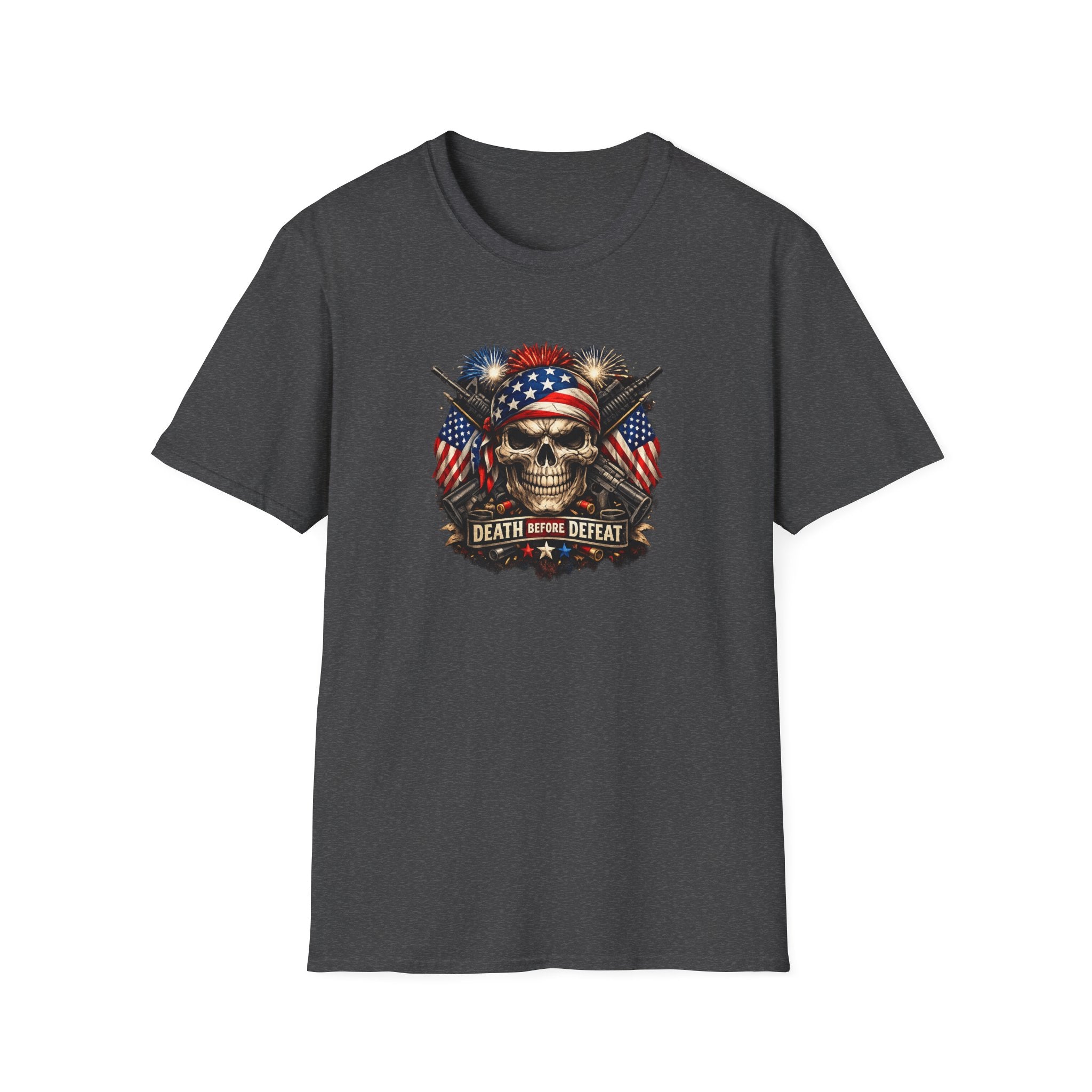 Patriotic Skull Tee "Death Before Defeat" - American Flag Military Graphic T-Shirt