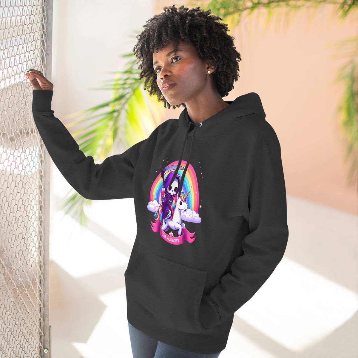 Sweat à capuche - Adorable Faucheuse chevauchant une licorne arc-en-ciel « The Audacity »