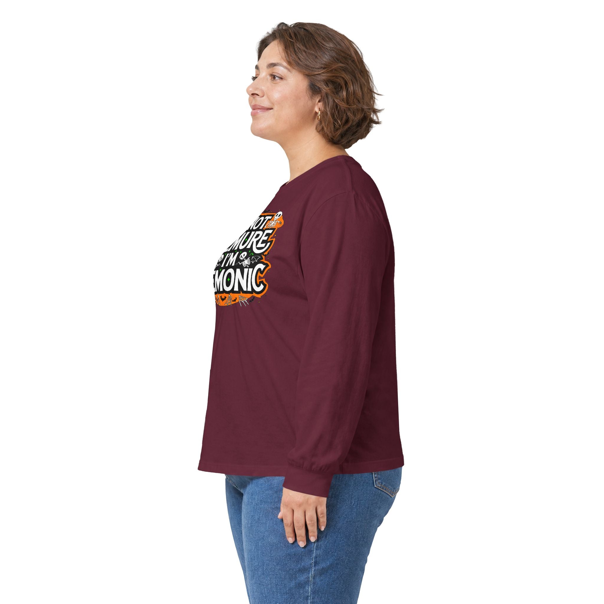 Long Sleeve Tee — "I'm Not Demure I'm Demonic" Halloween Graphic