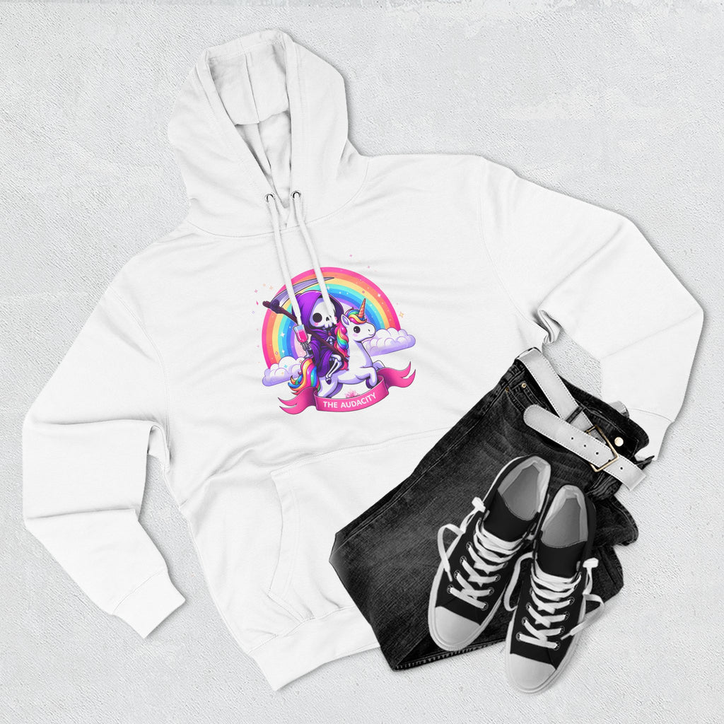 Hoodie - Cute Grim Reaper Riding Unicorn Rainbow "The Audacity" Fleece Hoodie