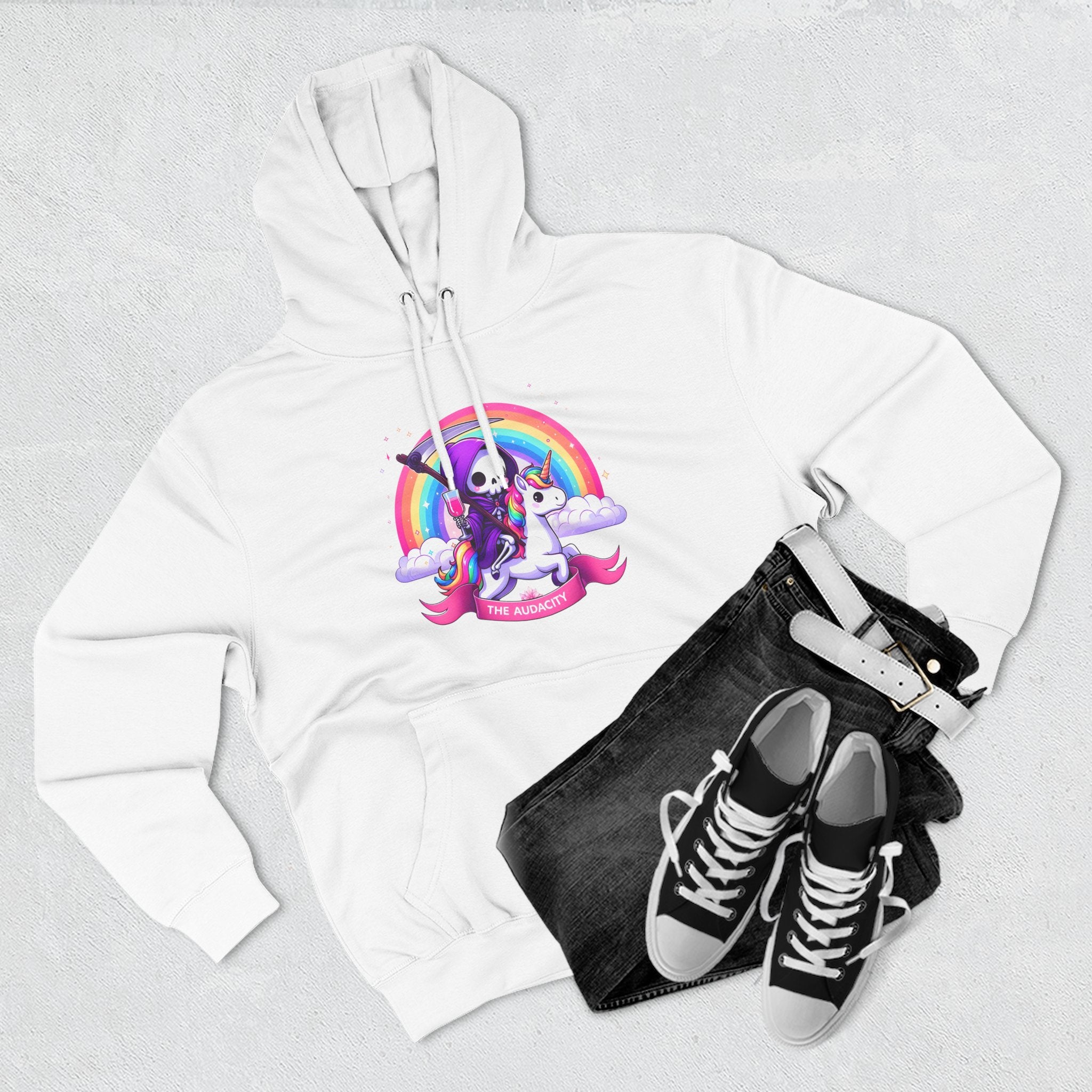 Hoodie - Cute Grim Reaper Riding Unicorn Rainbow "The Audacity" Fleece Hoodie