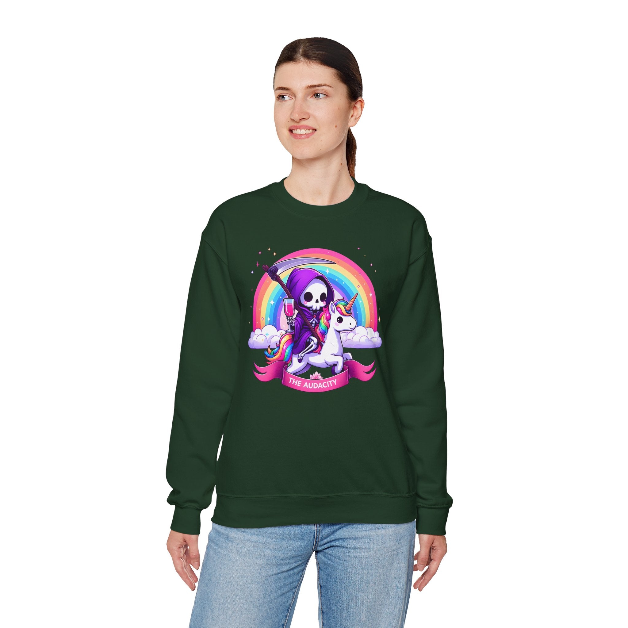 Crewneck Sweatshirt — Cute Grim Reaper Riding Unicorn Rainbow "True Audacity"