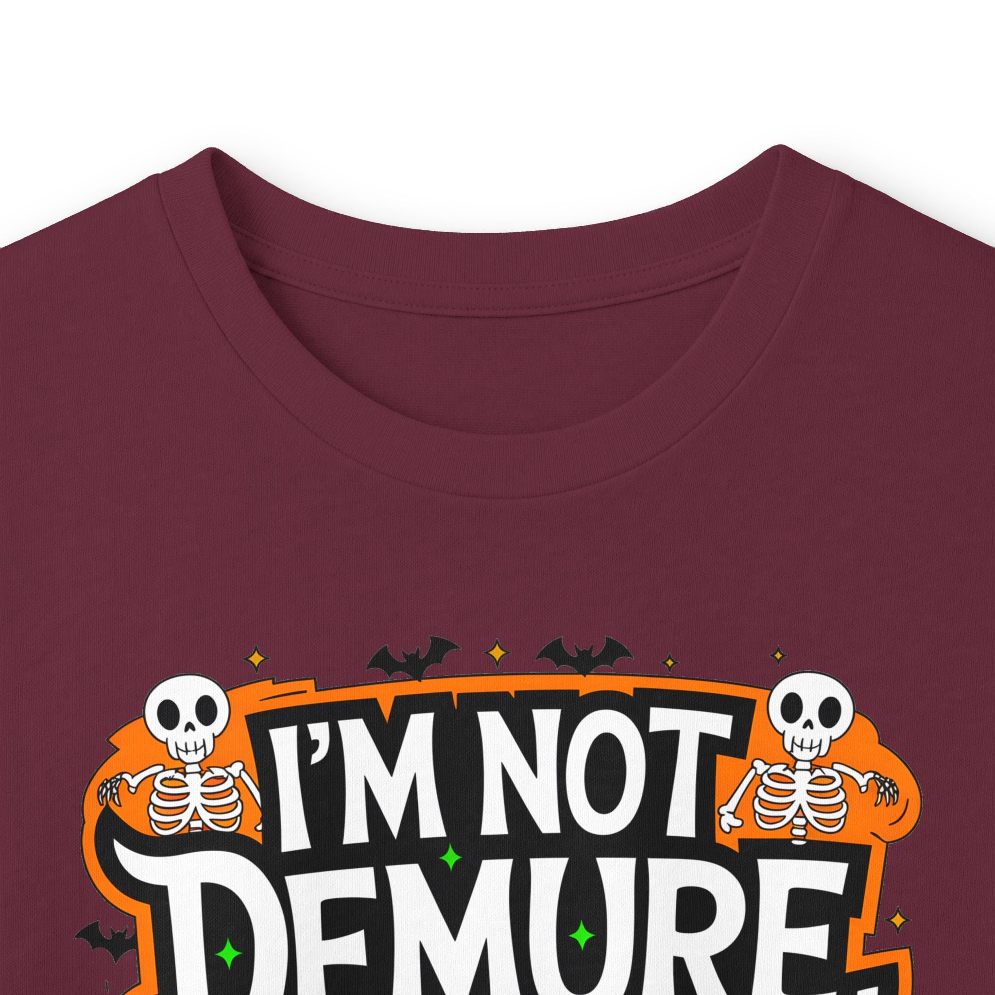 Long Sleeve Tee — "I'm Not Demure I'm Demonic" Halloween Graphic