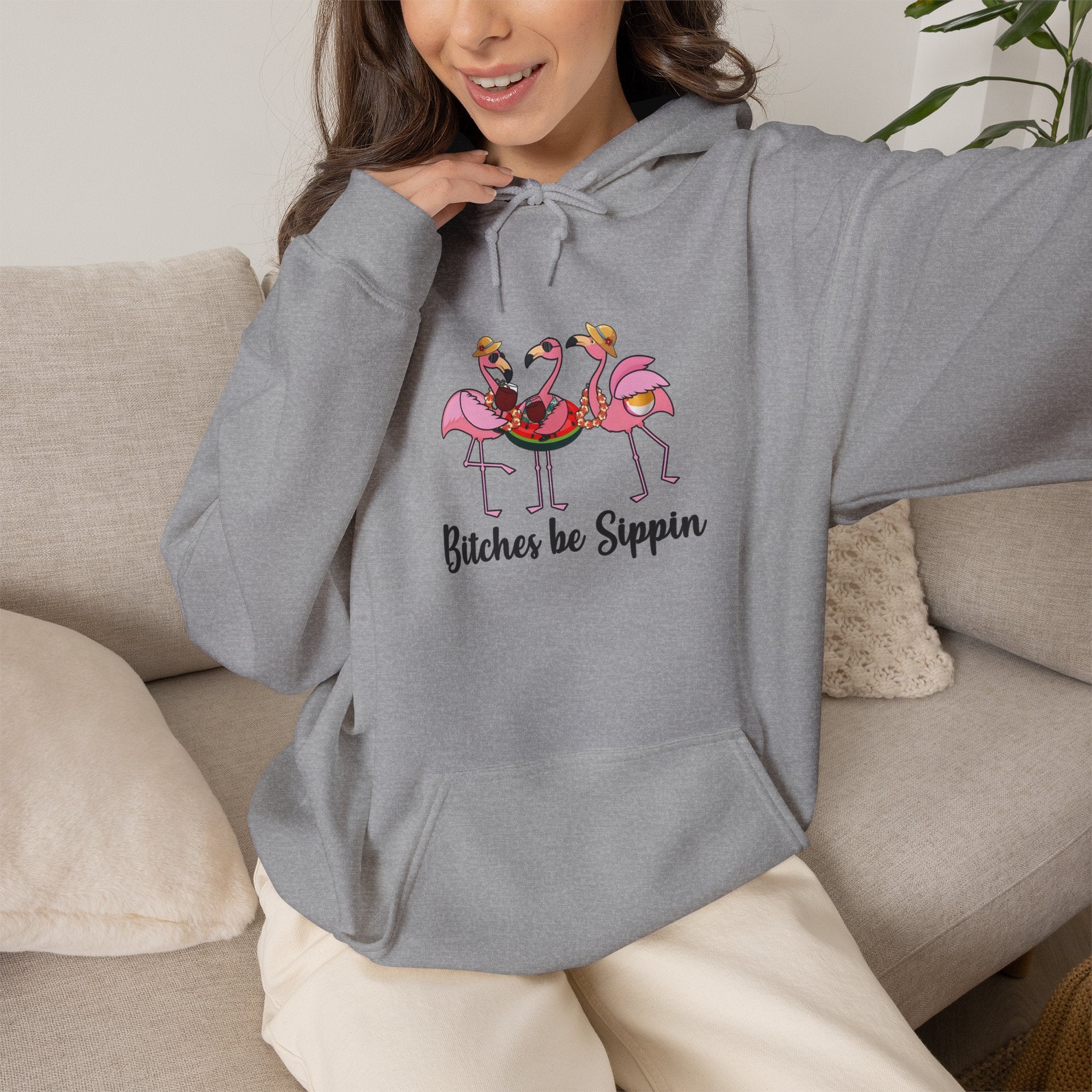 Flamingo 'Bitches Be Sippin' Hoodie – Funny Tropical Ladies Wine Graphic Sweatshirt