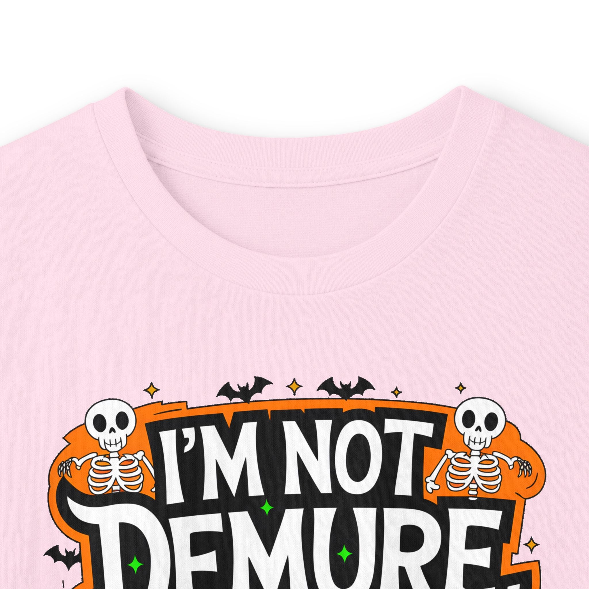 Long Sleeve Tee — "I'm Not Demure I'm Demonic" Halloween Graphic