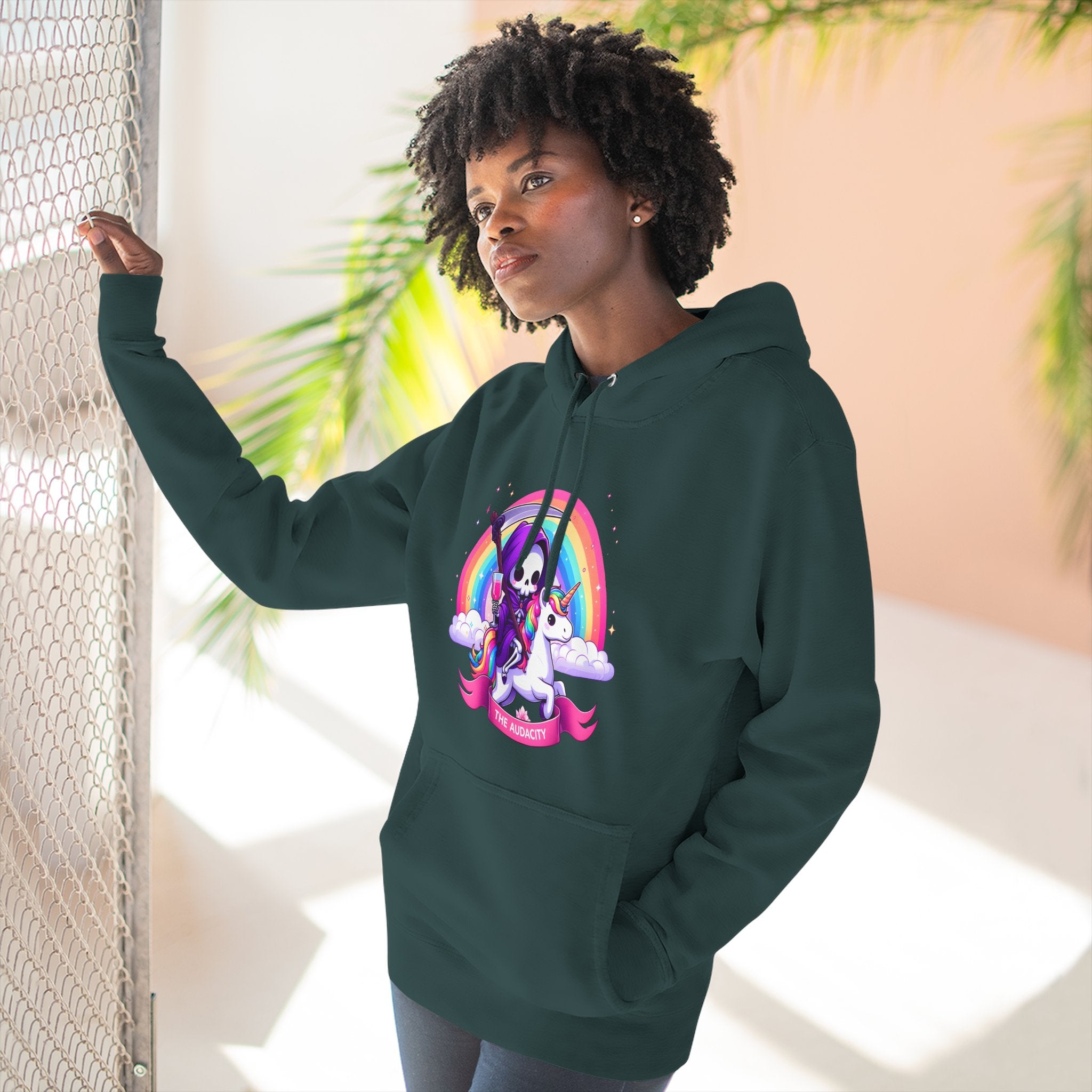 Hoodie - Cute Grim Reaper Riding Unicorn Rainbow "The Audacity" Fleece Hoodie