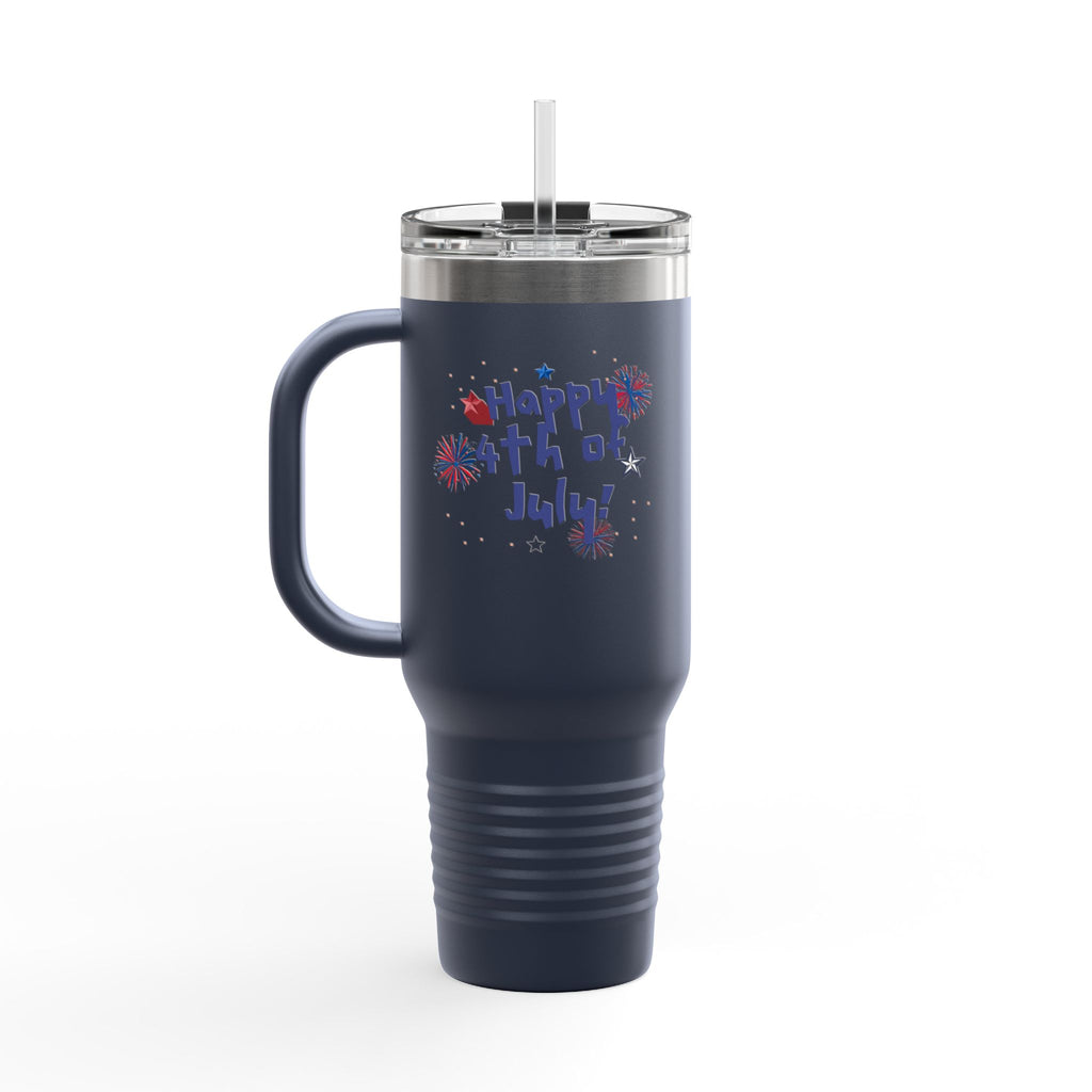 40oz Insulated Travel Mug — "Happy 4th of July" Patriotic Fireworks Design