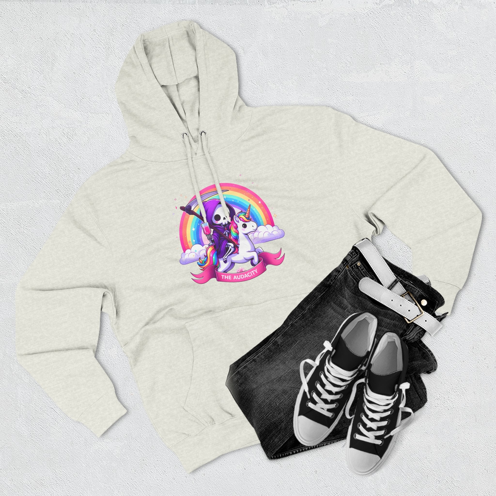 Hoodie - Cute Grim Reaper Riding Unicorn Rainbow "The Audacity" Fleece Hoodie