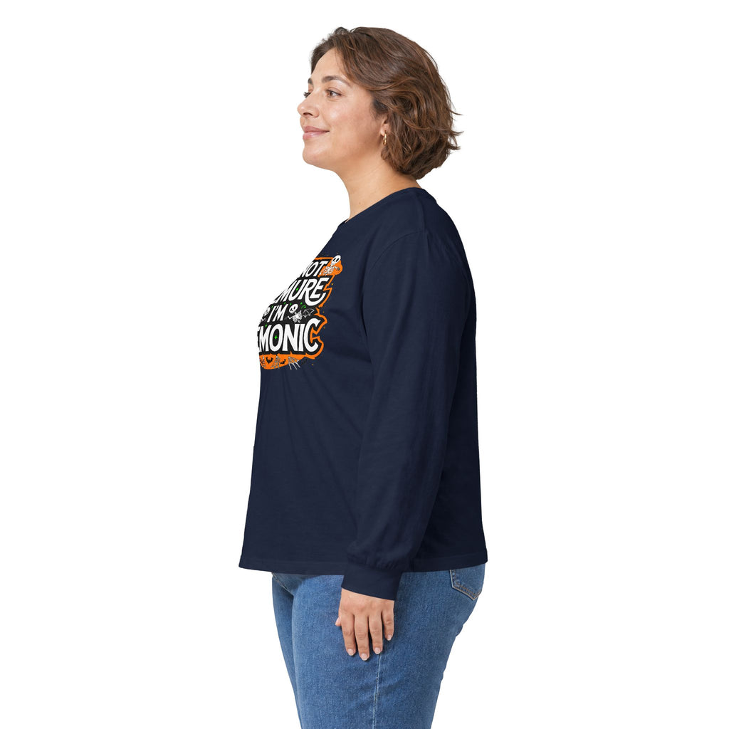 Long Sleeve Tee — "I'm Not Demure I'm Demonic" Halloween Graphic