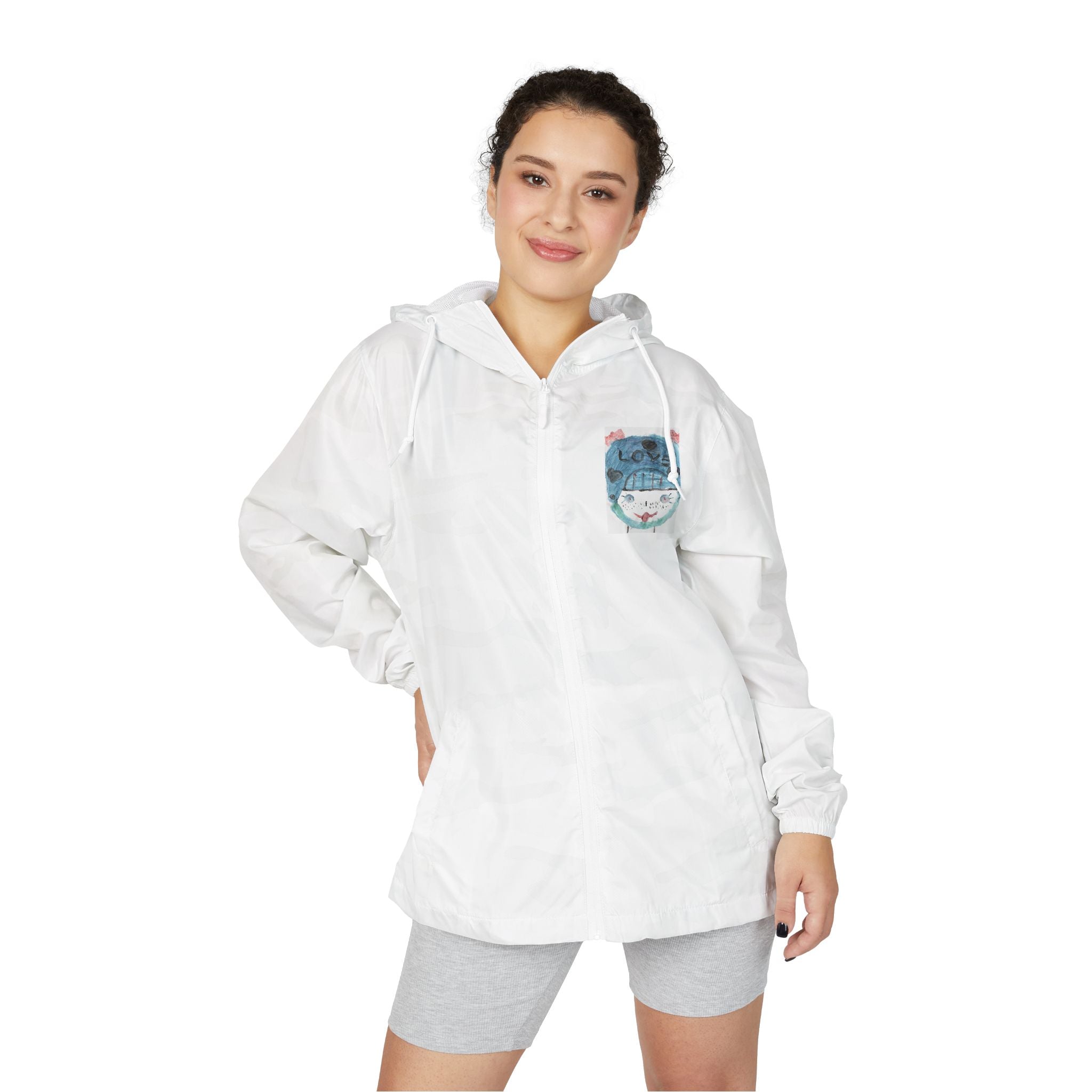Windbreaker Jacket — Floral Blue Cat Pocket Patch