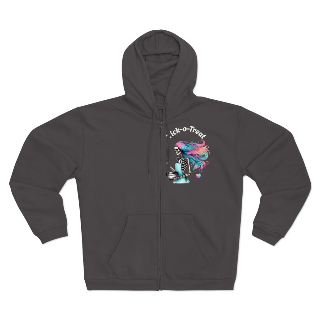 Skeleton Baker Zip Hoodie – Trick-or-Treat Halloween Skeleton with Rainbow Hair