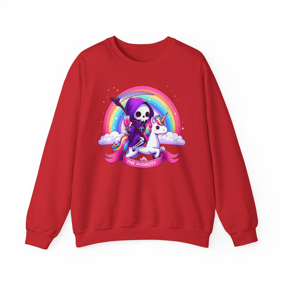 Sweat-shirt ras du cou — Mignonne Faucheuse à licorne arc-en-ciel « Véritable Audace »