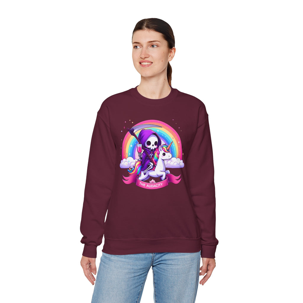 Crewneck Sweatshirt — Cute Grim Reaper Riding Unicorn Rainbow "True Audacity"