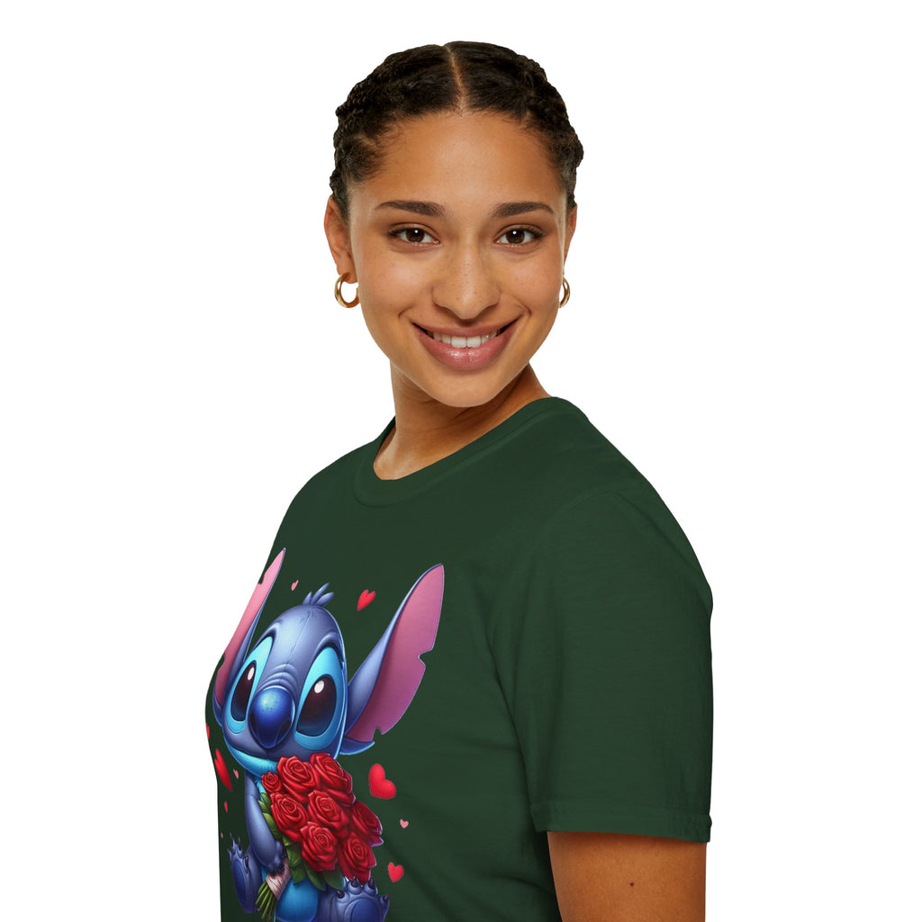Stitch Holding Roses T-Shirt — Cute Valentine’s Day Cartoon Tee