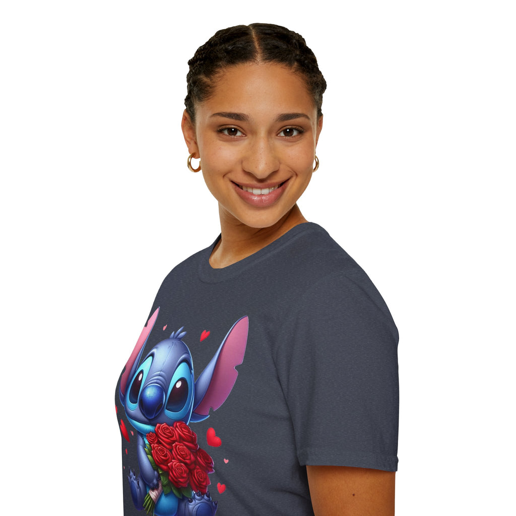 Stitch Holding Roses T-Shirt — Cute Valentine’s Day Cartoon Tee