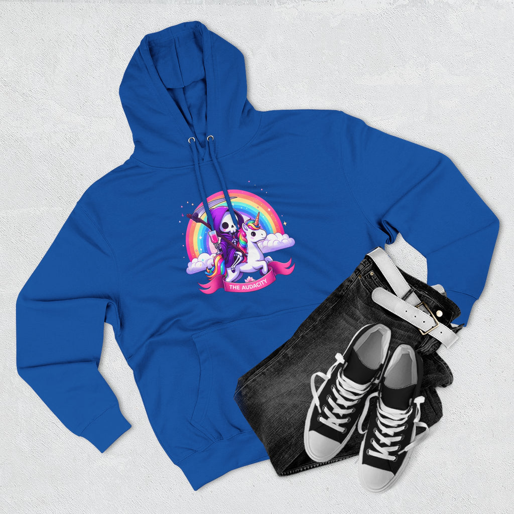 Hoodie - Cute Grim Reaper Riding Unicorn Rainbow "The Audacity" Fleece Hoodie