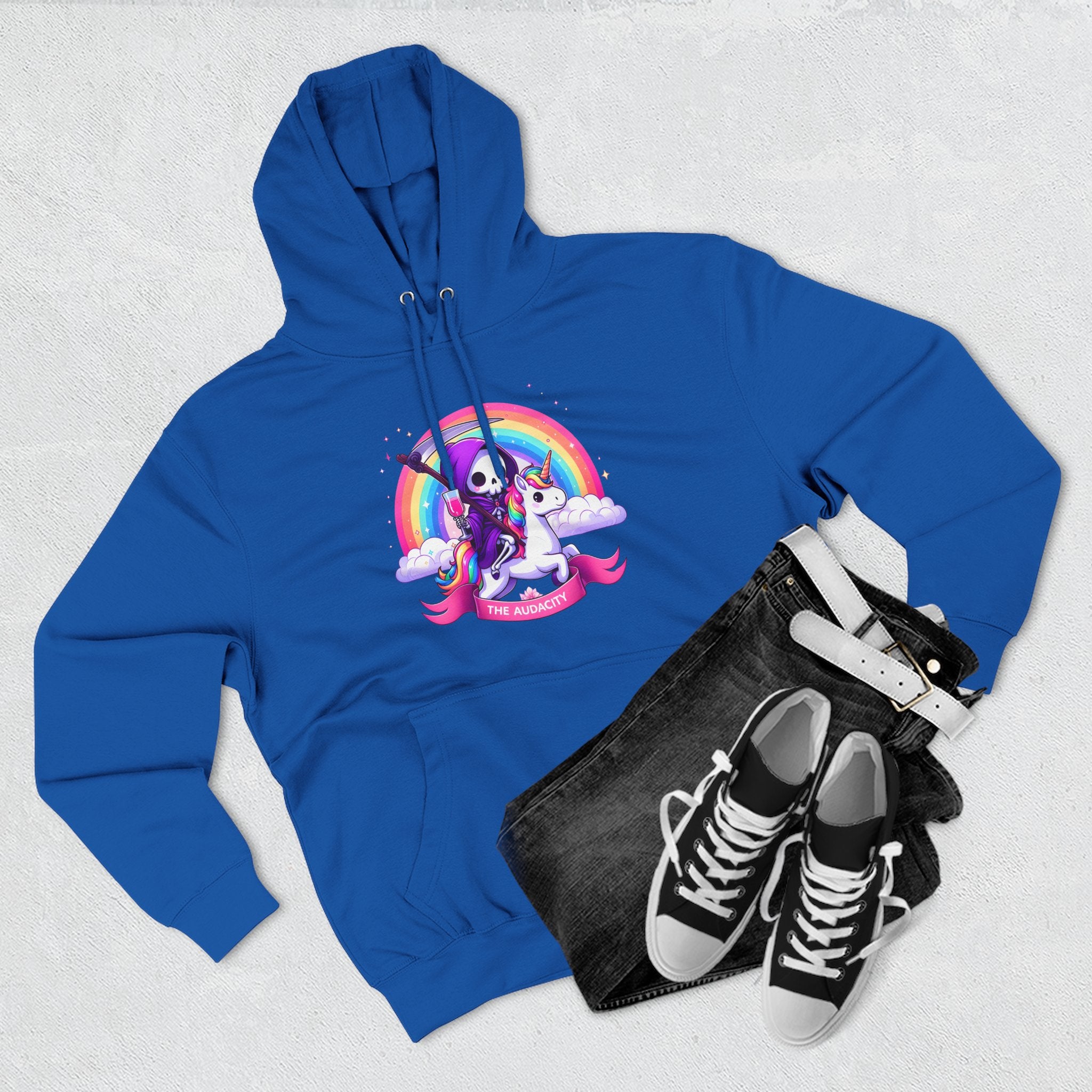 Hoodie - Cute Grim Reaper Riding Unicorn Rainbow "The Audacity" Fleece Hoodie