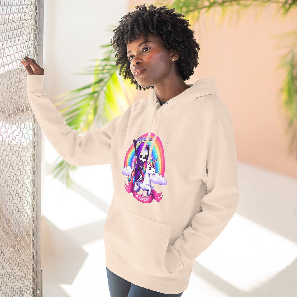 Hoodie - Cute Grim Reaper Riding Unicorn Rainbow "The Audacity" Fleece Hoodie