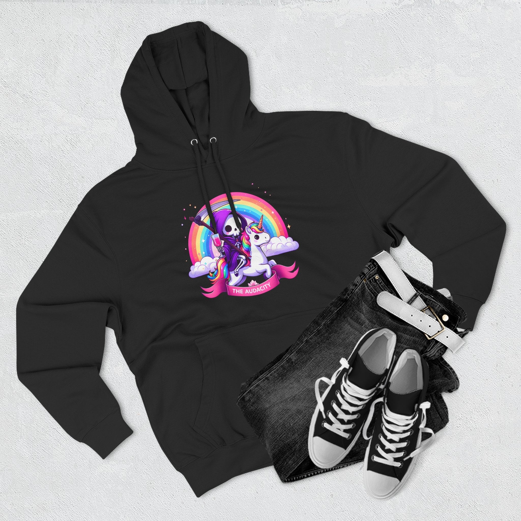 Hoodie - Cute Grim Reaper Riding Unicorn Rainbow "The Audacity" Fleece Hoodie