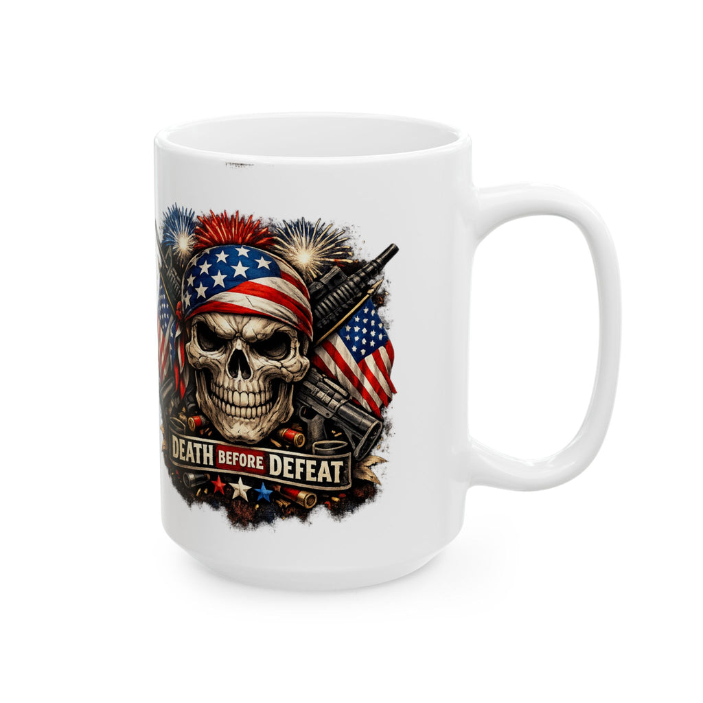 Patriotic Skull & Guns Ceramic Mug — "Death Before Defeat" 11oz/15oz