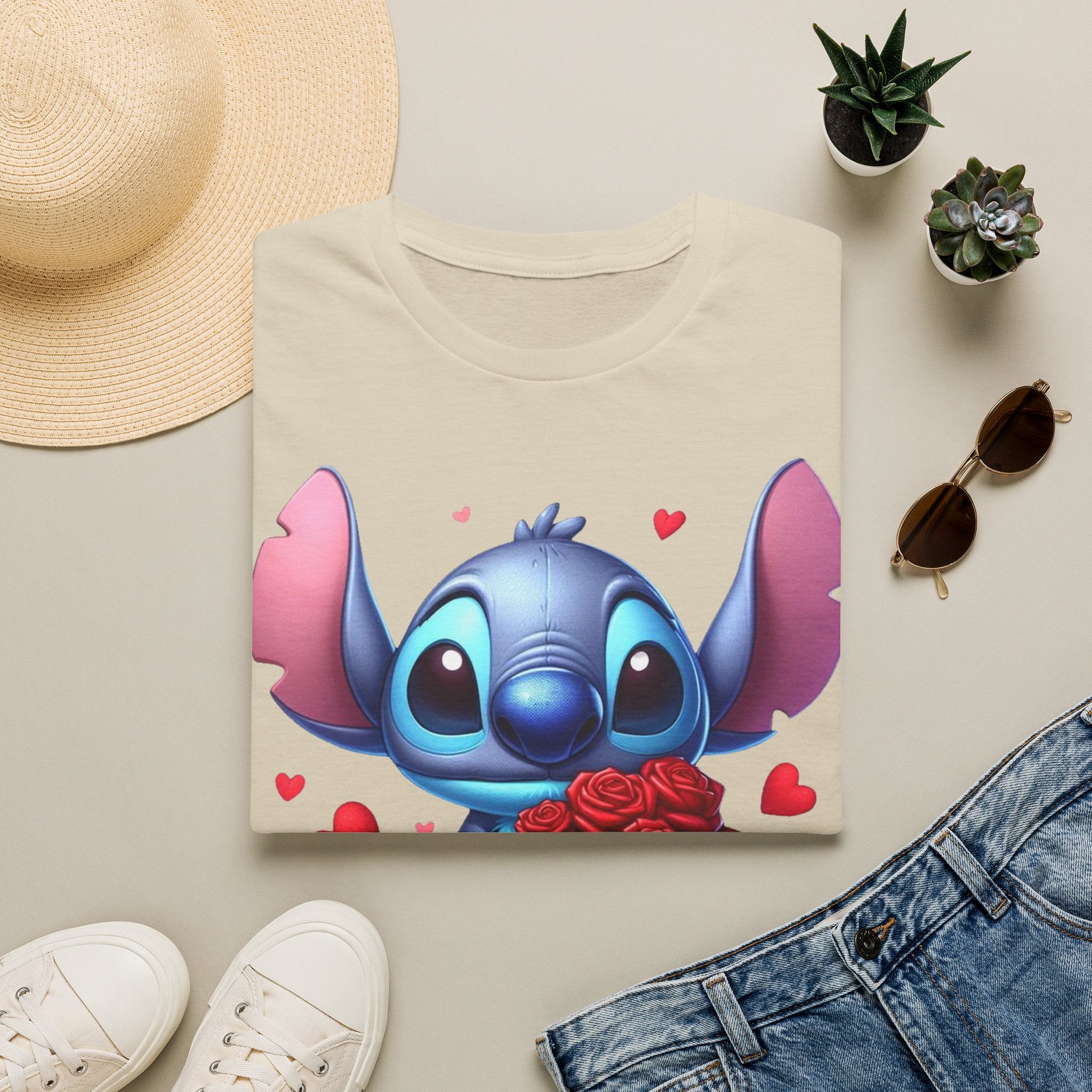 Stitch Holding Roses T-Shirt — Cute Valentine’s Day Cartoon Tee