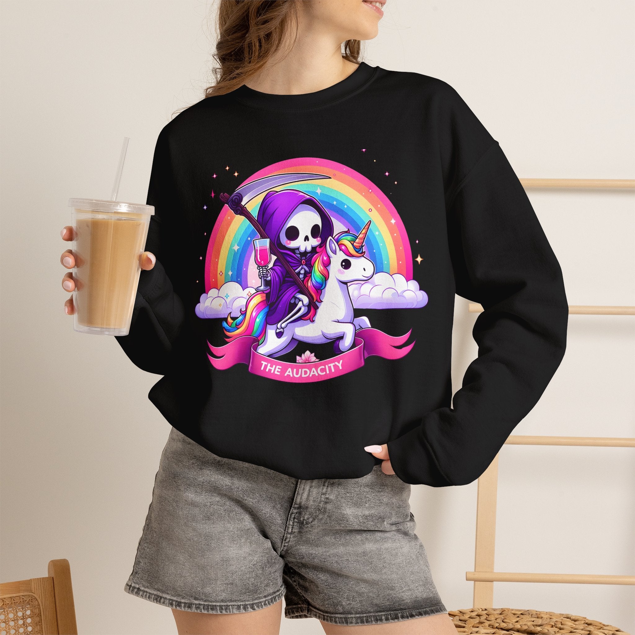 Crewneck Sweatshirt — Cute Grim Reaper Riding Unicorn Rainbow "True Audacity"