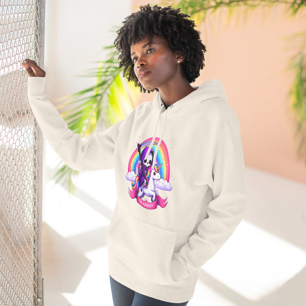 Hoodie - Cute Grim Reaper Riding Unicorn Rainbow "The Audacity" Fleece Hoodie