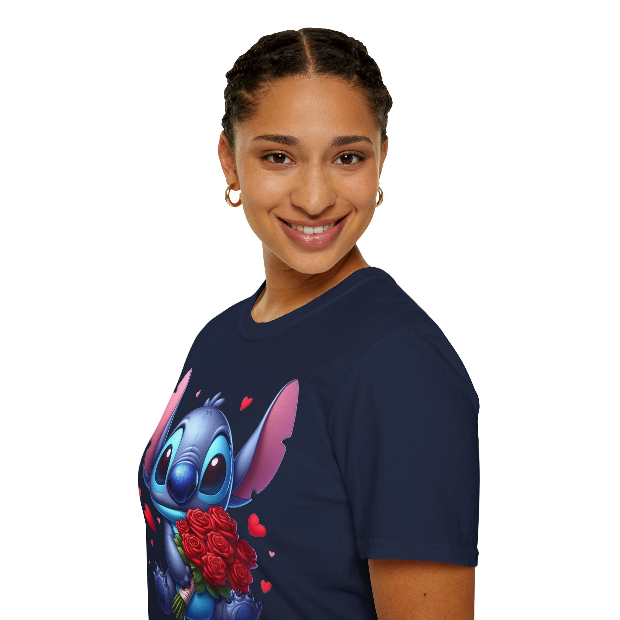 Stitch Holding Roses T-Shirt — Cute Valentine’s Day Cartoon Tee