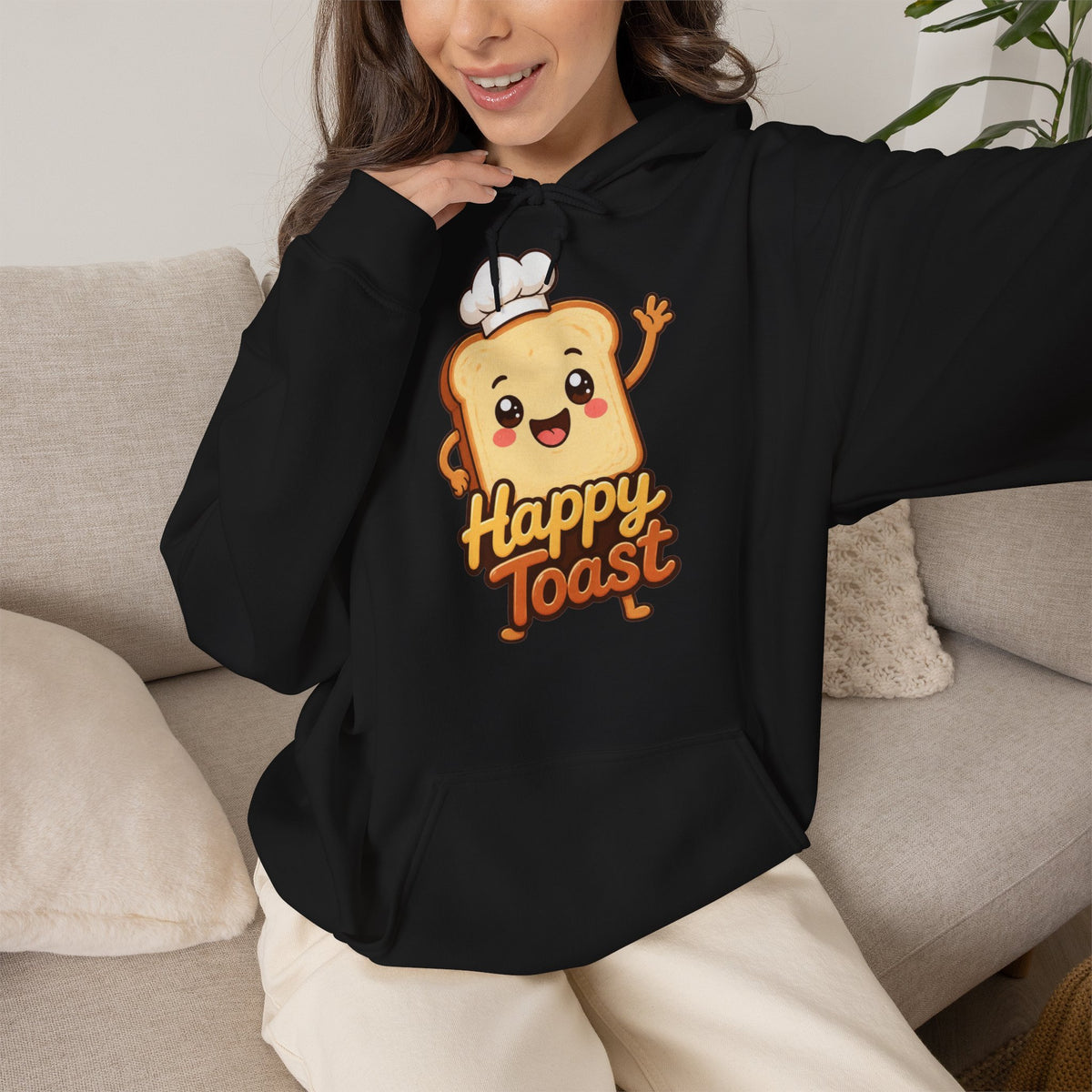 Happy Toast Cartoon Graphic Hoodie – Unisex Pullover