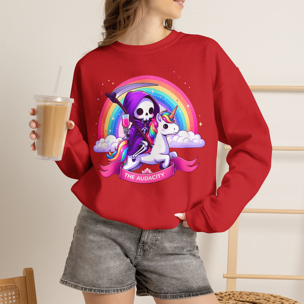 Crewneck Sweatshirt — Cute Grim Reaper Riding Unicorn Rainbow "True Audacity"