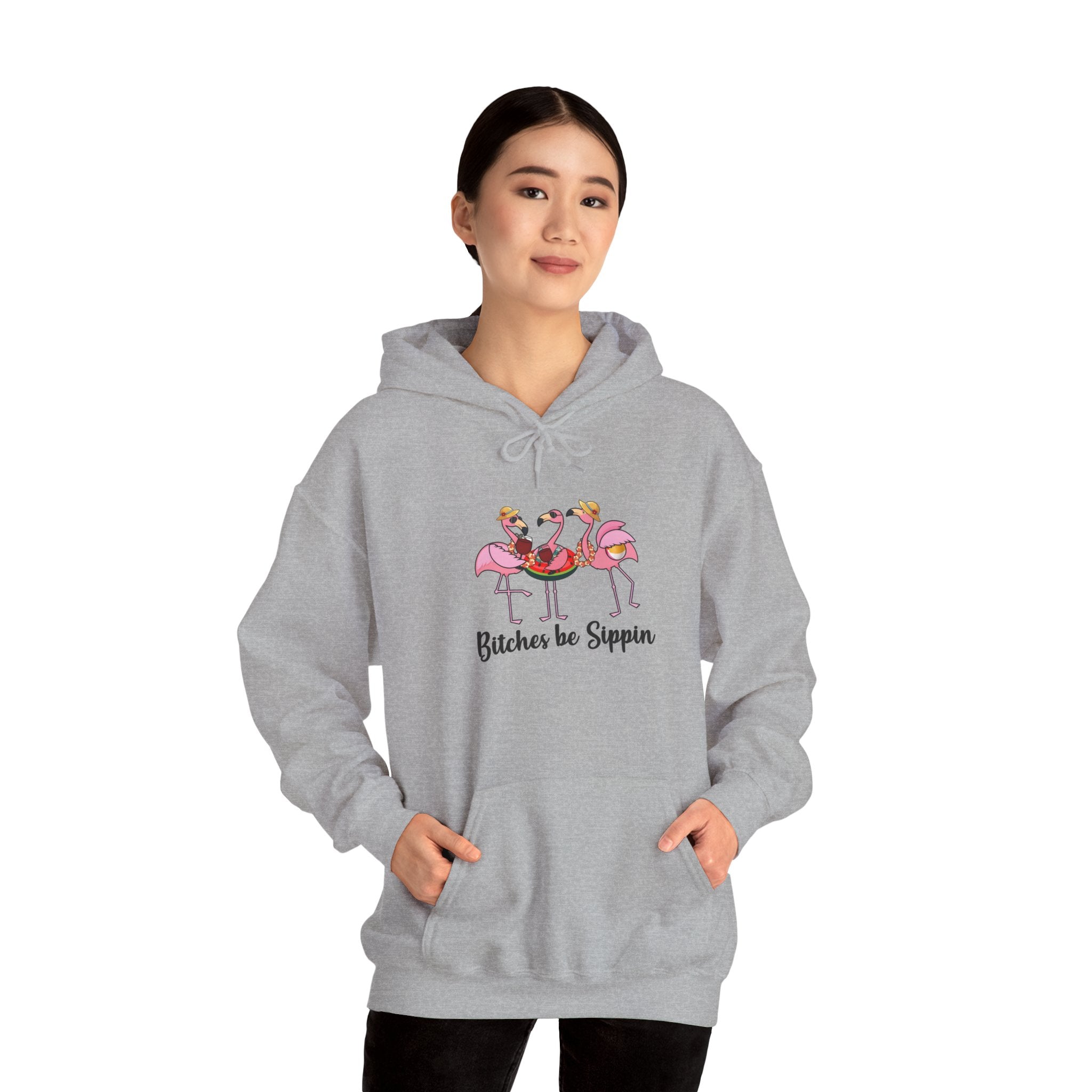 Flamingo 'Bitches Be Sippin' Hoodie – Funny Tropical Ladies Wine Graphic Sweatshirt