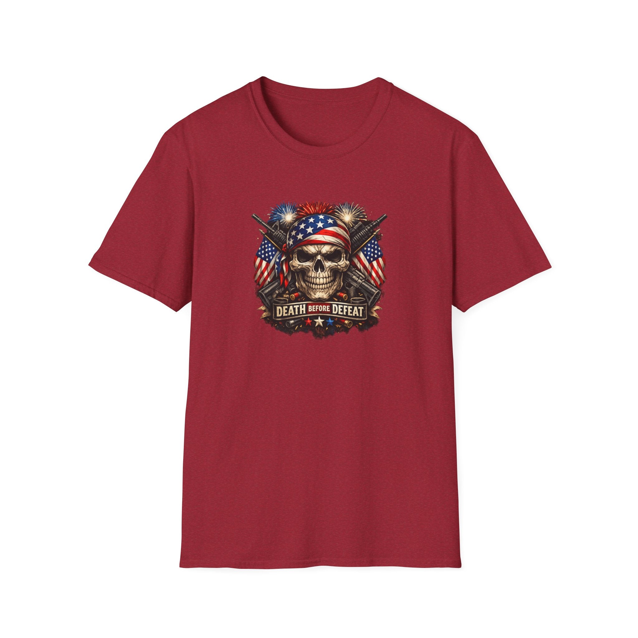 Patriotic Skull Tee "Death Before Defeat" - American Flag Military Graphic T-Shirt