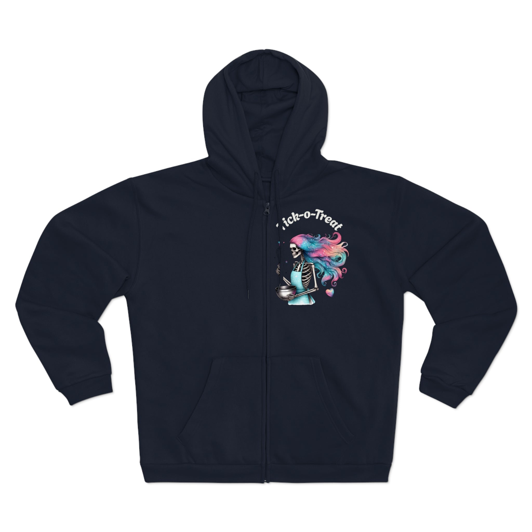 Skeleton Baker Zip Hoodie – Trick-or-Treat Halloween Skeleton with Rainbow Hair