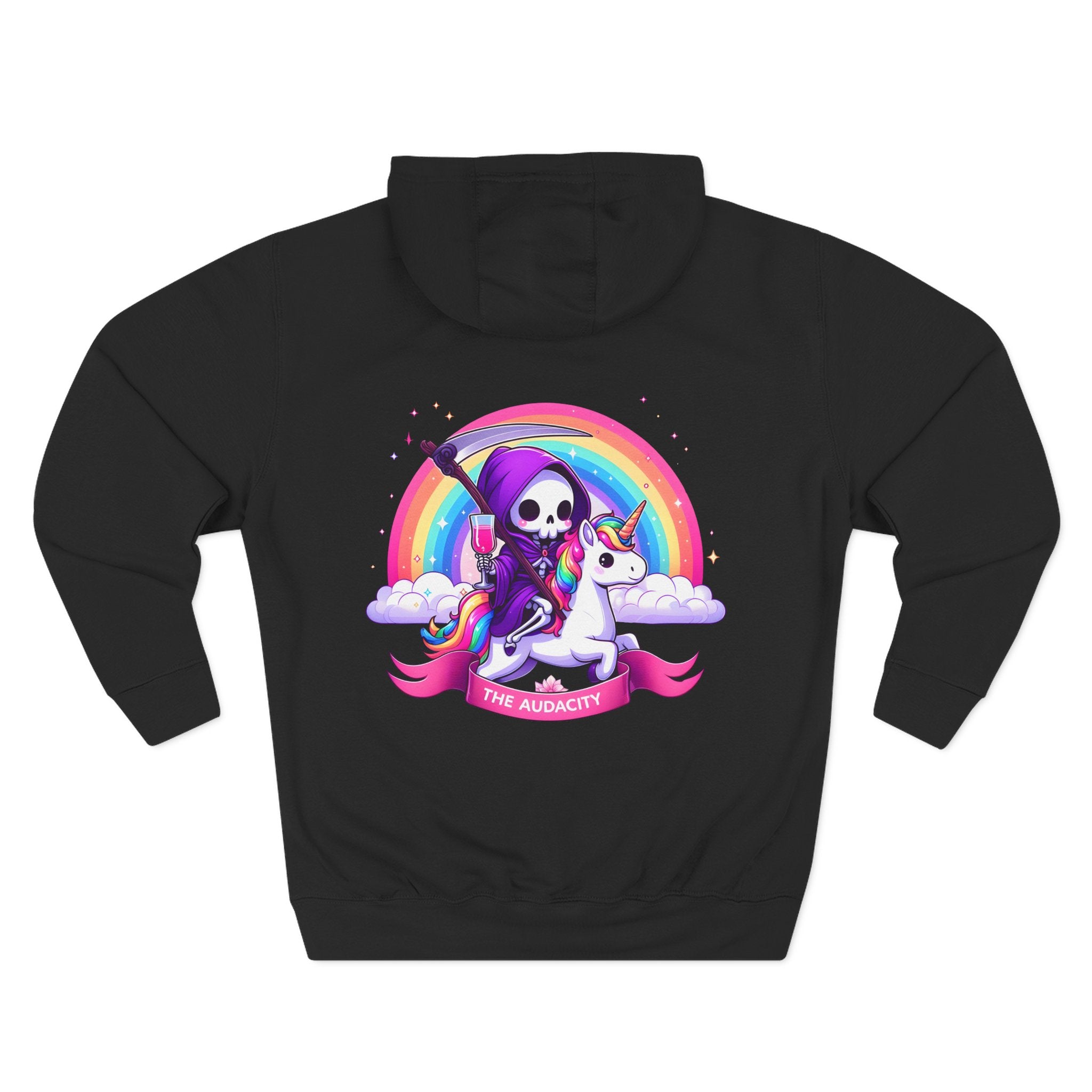 Hoodie - Cute Grim Reaper Riding Unicorn Rainbow "The Audacity" Fleece Hoodie